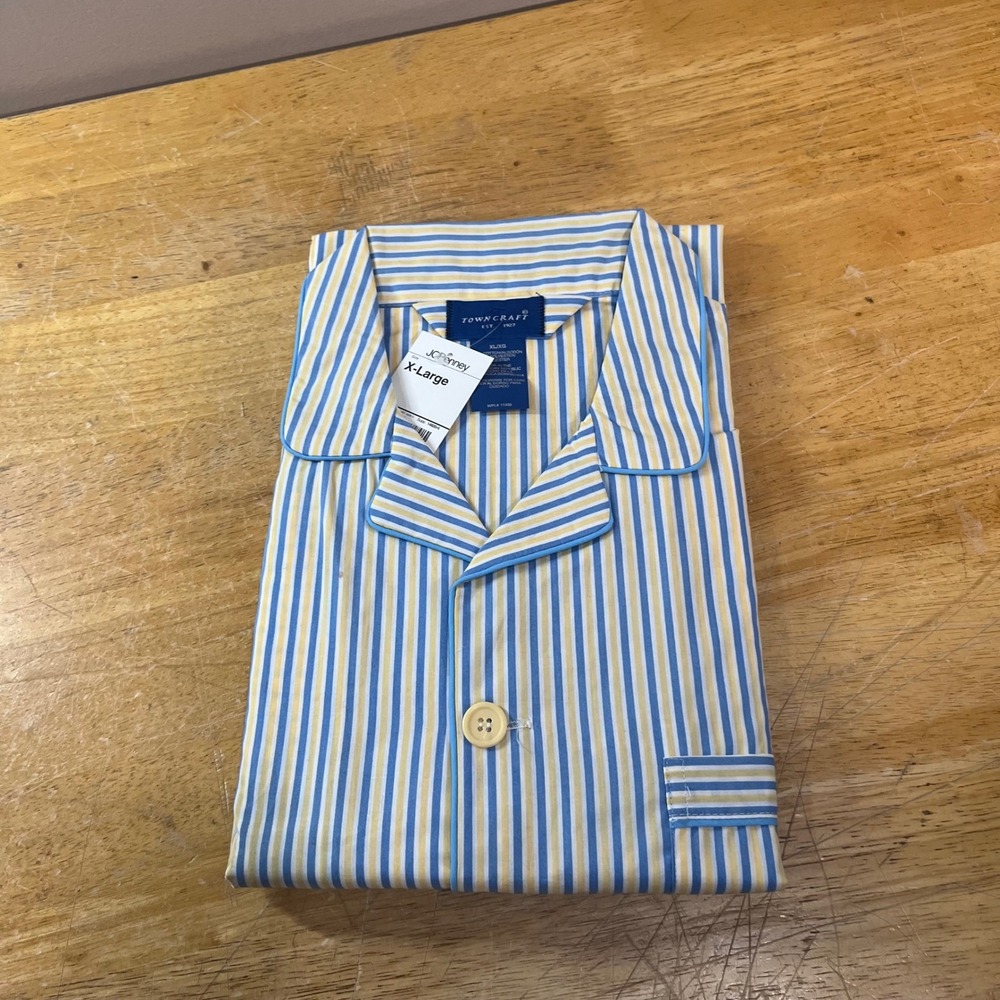 Towncraft Pajama Top Mens XL Blue Yellow Vtg Style Striped Long Sleeve NWT